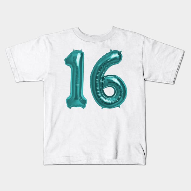 Aqua Blue 16th Birthday Metallic Helium Balloons Numbers Kids T-Shirt by podartist